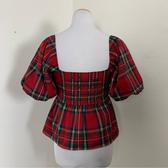 Francesca’s Plaid Peplum Smocked Puff Sleeve Top Sz S Red Holiday Short Sleeve - Picture 7 of 17